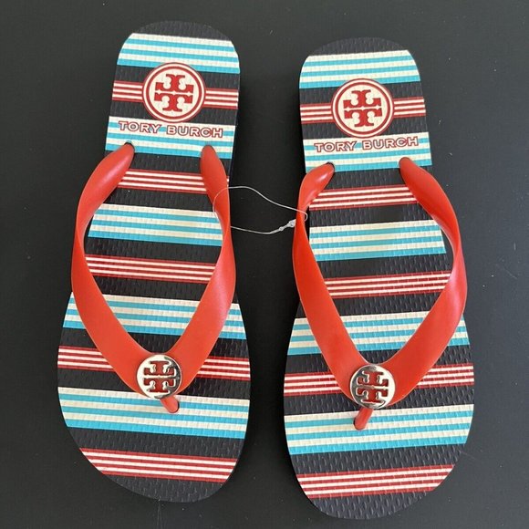 - TORY BURCH RED THONG FLAT FLIP FLOP SUMMER RUBBER BEACH POOL SHOES 7 - Picture 2 of 6